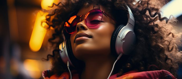Beautiful African woman wearing headphones wearing sunglasses.