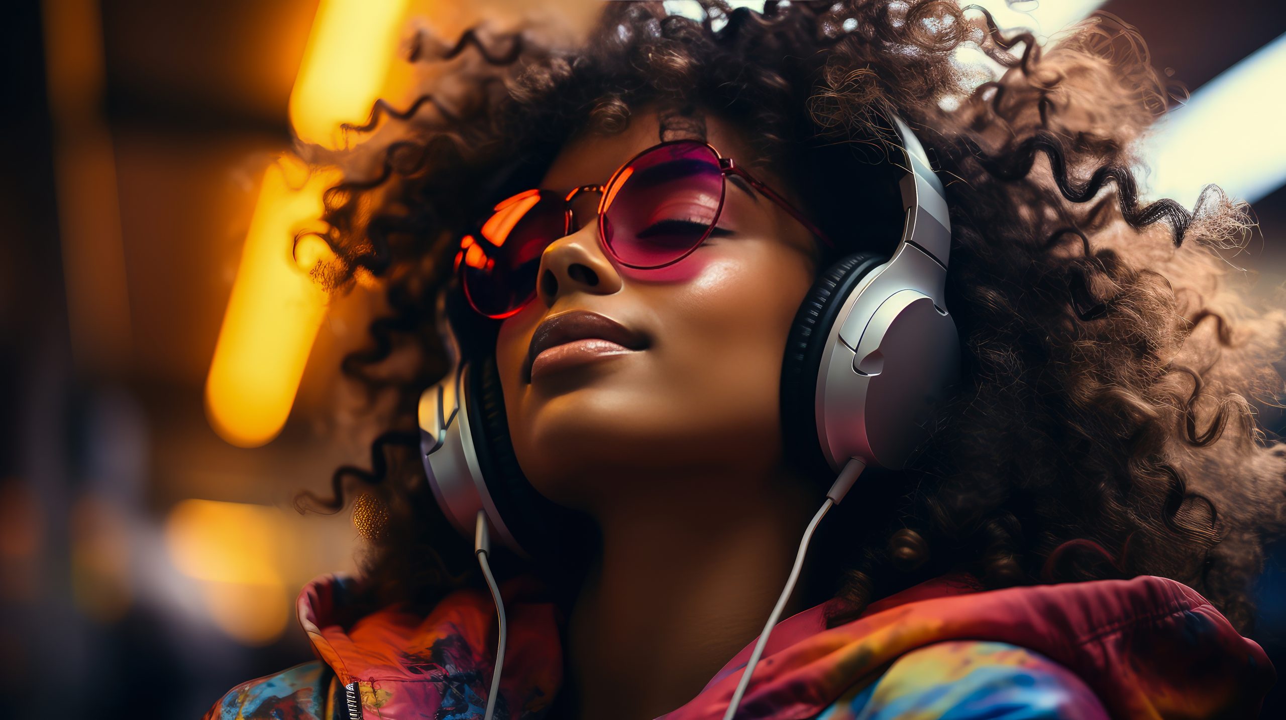 Beautiful African woman wearing headphones wearing sunglasses.