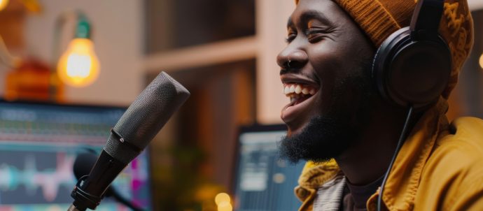 African man speaking into a microphone laughing.