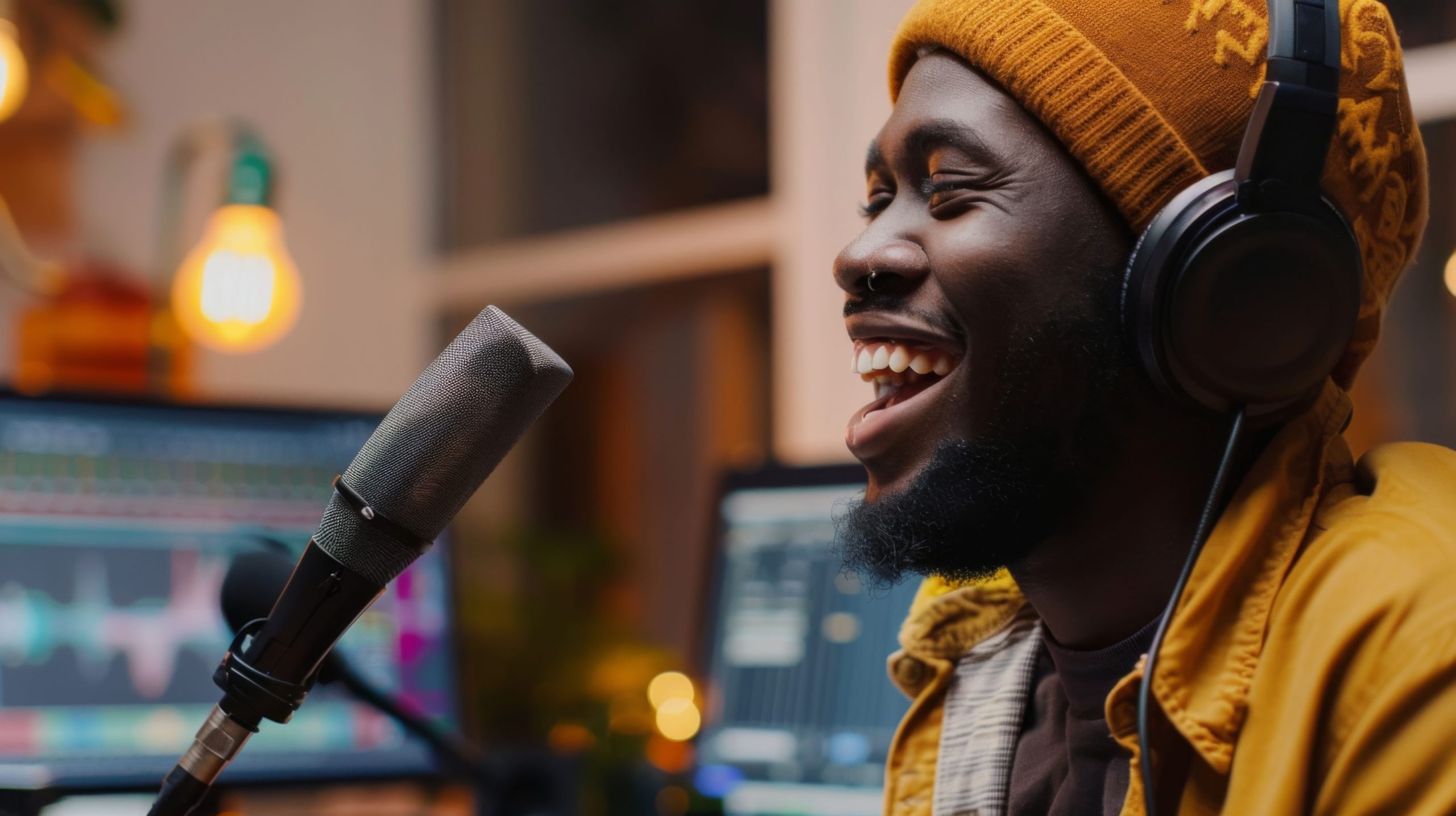 African man speaking into a microphone laughing.