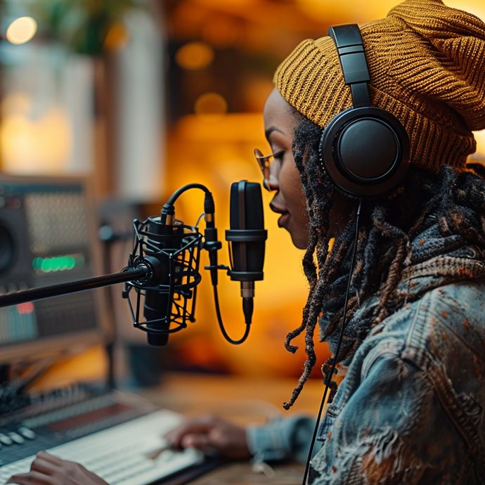 AI generated image of an African woman wearing headphones speaking into a microphone.